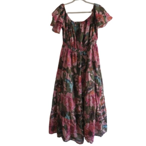 WORLD MARKET Tiered Maxi Dress in Purple Green Floral Boho Summer - Size L/XL - Picture 1 of 15
